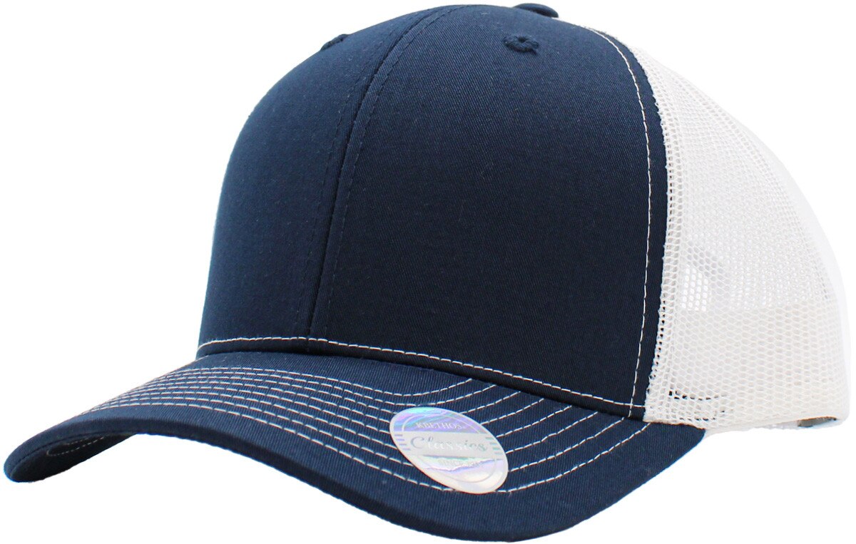 Navy Blue White Two Tone Classic 6 Panel Trucker Mesh Snapback Front Side View